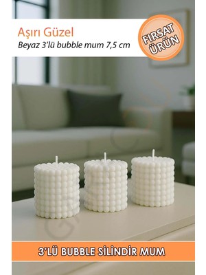 Moontime Alaçatı Kalın 3'lü Kokusuz Dekor Bubble Kütük Mum Beyaz 6x7,5 cm