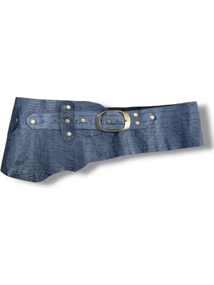 Yılday Gür Butik Kadın Lacivert Kroko Desenli Hakiki Deri Kemer - Aurore El Yapımı Tasarım - Standart Beden
