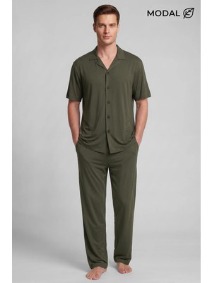 Mısırlı Erkek Modal Karışımlı Düğmeli Pijama Takım Haki