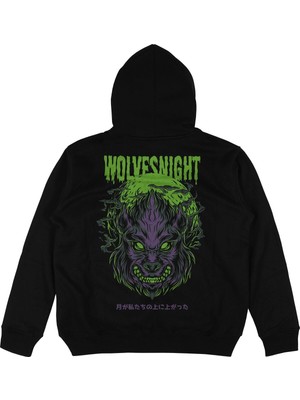 Tarzsokak Wolves Night Siyah Oversize Unisex Kapüşonlu Sweatshirt Hoodie