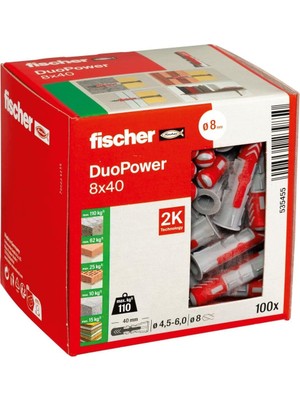 Fischer Duopower 8 x 40, Evrensel Dübel, Güçlü 2 Bileşenli Dübel, Beton, Tuğla, Taş, Alçı Yapı Plakaları Vb. Sabitlemek Için Plastik Dübel, Vidasız, 100 Adet