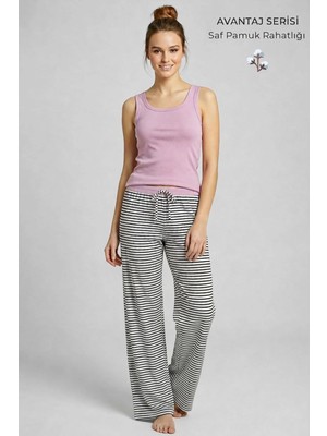 Mısırlı Kadın Pamuklu Çizgili Pijama Takım Lila/siyah