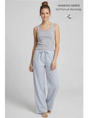 Mısırlı Kadın Pamuklu Çizgili Pijama Takım Gri/mavi
