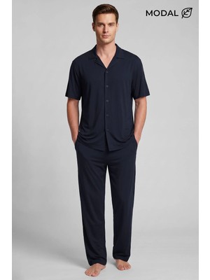 Mısırlı Erkek Modal Karışımlı Düğmeli Pijama Takım Koyu Lacivert