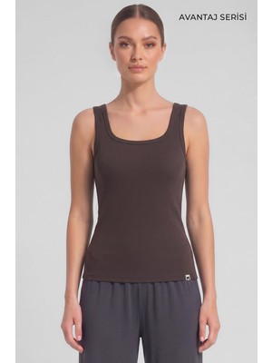 Mısırlı Kadın Kaşkorse Sırt Açık Askılı Tshirt Kahverengi