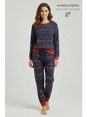 Mısırlı Kadın Modal Desenli Pijama Takım Lacivert
