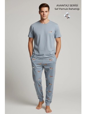 Mısırlı Pamuklu Kısa Kollu Pijama Takım Mavi