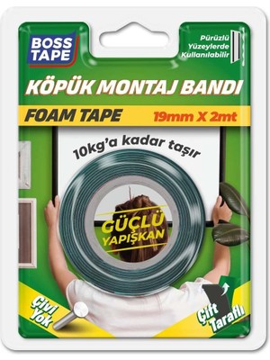 Boss Tape Solvent Akrilik Aksesuar Köpük Montaj Bandi 10 Kg, 19 mm x 2 Metre Boyut