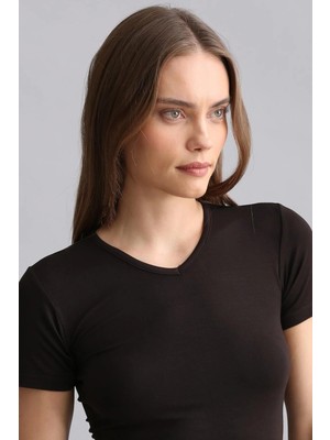 Mısırlı Modal By Tencel Vıctorıa V Yaka Fanila / T-Shirt Kahverengi