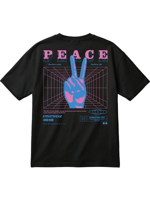 BarsDepo Oversize Unisex Tişört – Peace Baskılı Retro Streetwear T-Shirt