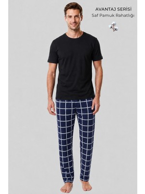 Mısırlı Erkek Pamuk Ince Ekoseli Alt  Pijama Açık Lacivert