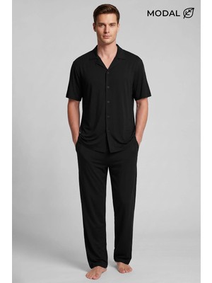 Mısırlı Erkek Modal Karışımlı Düğmeli Pijama Takım Siyah