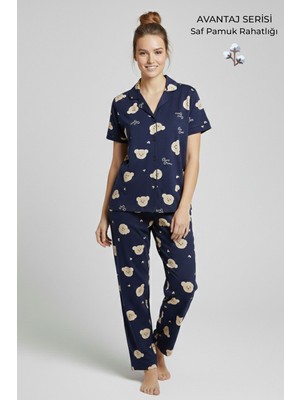 Mısırlı Pamuklu Kısa Kollu Gömlek Pantolon Pijama Takım Lacivert