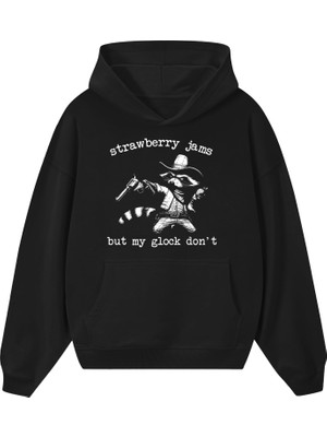 BarsDepo Oversize Unisex Siyah Hoodie – Strawberry Jams Baskılı Rakun Tasarımlı Kapüşonlu Sweatshirt