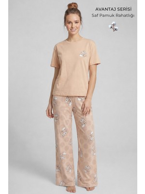 Mısırlı Kadın Pamuklu Pijama Takım Bej
