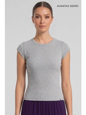 Mısırlı Kadın Kaşkorse Sıfır Kol Tshirt Gri Melanj