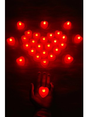 Moontime Alaçatı Kırmızı Kalpli Ledli Mum, 7 Adet, Tealight Mum Pilli, LED Işıklı, Kutlama, Doğum Günü, Kına, Düğün