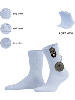 Mısırlı Kadın Pamuklu 4 Çift Motif Desenli Soket Çorap Mavi