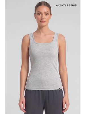 Mısırlı Kadın Kaşkorse Sırt Açık Askılı Tshirt Gri Melanj