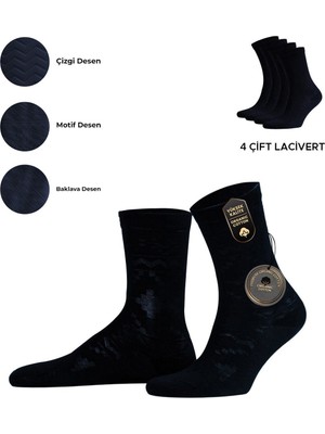 Mısırlı Kadın Pamuklu 4 Çift Motif Desenli Soket Çorap Lacivert