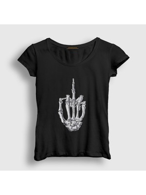 Presmono Kadın Siyah Middle Finger Skeletal Parmak Iskelet T-Shirt