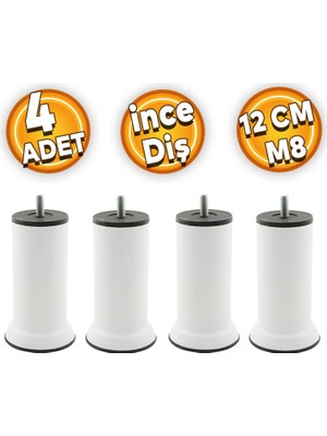 BADEM10 Mobilya Baza Metal Kanepe Koltuk Destek Ayağı M8 Civatalı Ince Diş Beyaz Metal Ayak 12 cm (4 Adet)