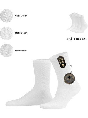 Mısırlı Kadın Pamuklu 4 Çift Motif Desenli Soket Çorap Beyaz