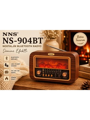 Meela Nns NS-904BT Şömine Efektli Nostaljik Bluetooth Masa Radyosu USB Tf Kart Destekli Şarjlı Fm Am Sw Retro Dekoratif Hoparlör
