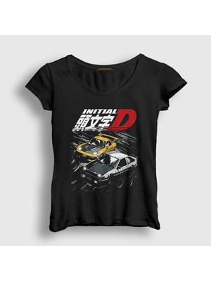Presmono Kadın Siyah Poster Drift Anime Initial D T-Shirt