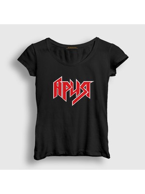 Presmono Kadın Siyah Logo Band Aria Rock Müzik T-Shirt