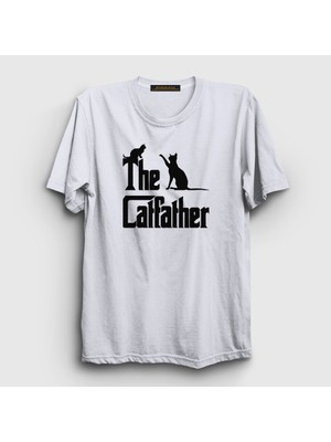 Presmono Unisex Beyaz The Catfather Hediye Kedi Babası T-Shirt