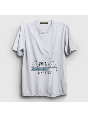 Presmono Unisex Beyaz Twins Loading Boys Yükleniyor Doğum Hamilelik T-Shirt
