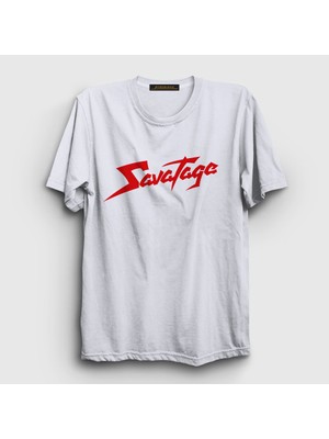 Presmono Unisex Beyaz Logo Metal Savatage T-Shirt