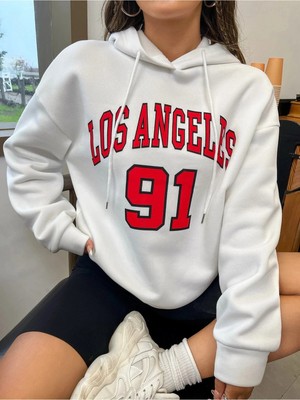 Tarzsokak Kadın Beyaz Los Angeles 91 Baskılı Kapüşonlu Sweatshirt