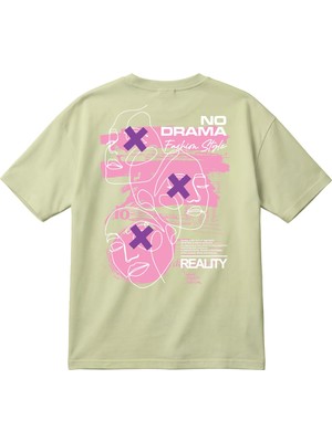 BarsDepo Oversize Unisex Tişört – No Drama Baskılı Yüz Grafik Tasarımlı Streetwear T-Shirt