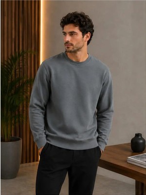 Loader Antrasit Renk Basic Bisiklet Yaka Relaxed Regular Erkek Sweatshirt