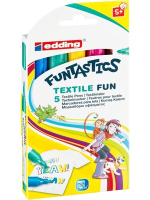 Edding 17 Funtastıcs Textıle Fun Çocuklar Için Tekstil Kalemi - Sarı, Kahverengi, Mavi, Kırmızı, Yeşil - 5'li Kalem Seti - 2-3 mm Yuvarlak Uç