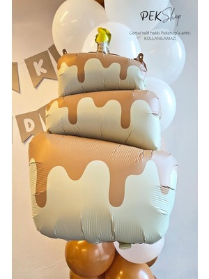 Retro Krem Pasta Folyo Balon Retro Mumlu 3 Katlı Pasta Balon