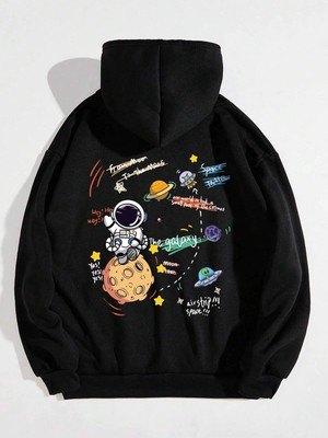 Tarzsokak Galaxy Baskılı Kadın Oversize Kapüşonlu Sweatshirt Siyah Günlük Kullanım İçin Rahat