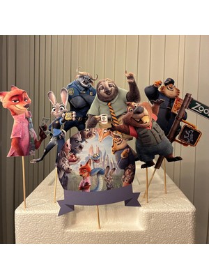 Cutelier Kişiye Özel Zootropolis (Zootopia) Temalı Pasta Süsü | Isim Yazılı Doğum Günü Pasta Dekoru | 230 gr Parlak Fotoğraf Kağıdı | 8 Parça