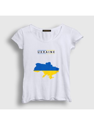 Presmono Kadın Beyaz Ukraine Map Flag Ukrayna Haritası Bayrağı T-Shirt