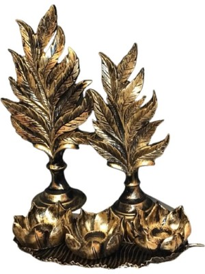 Moontime Alaçatı Dekoratif Polyester Ikili Dik Yaprak ve Üçlü Mumluk Takımı Gold-Siyah-Eskitme
