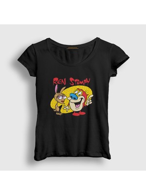 Presmono Kadın Siyah Poster Ren And Stimpy T-Shirt