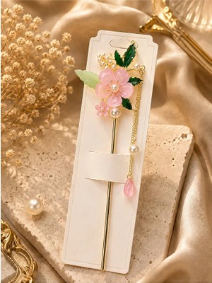 Yiora Premium Seri Gold Metal Gövde Çiçek, Zincir ve Inci Detaylı Fransız Çubuk Topuz Tokası 18CM
