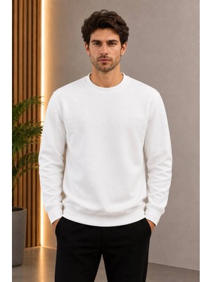 Loader Beyaz Renk Basic Bisiklet Yaka Relaxed Regular Erkek Sweatshirt