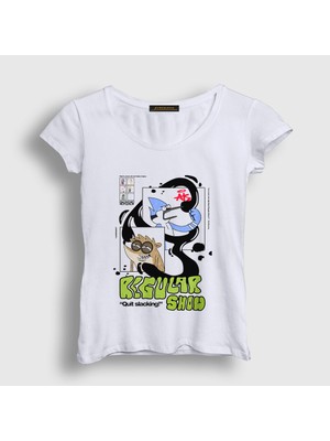 Presmono Kadın Beyaz Quit Slacking Regular Show T-Shirt