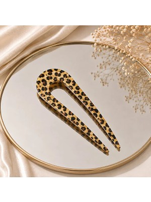 Yiora Kemik Lüks Asetat Fransız Handmade U Model Leopar Desen Topuz Tokası 14 cm
