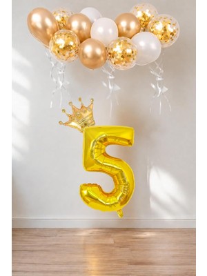 5 Rakam Gold Folyo Balon, Kral Tacı ve Konfetili Gold Balon