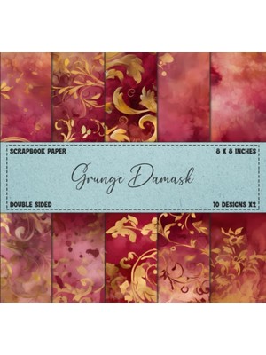 Grunge Damask Scrapbook Paper: Cranberry & Gold Colored Patterns, Double Sided 8 x 8" Designs