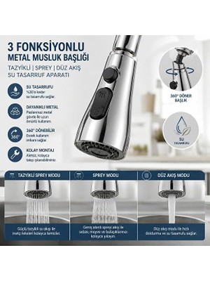 3 Fonksiyonlu Metal Musluk Başlığı – 360° Döner Tazyikli Spreyli Su Tasarruf Aparatı | Mutfak ve Banyo Musluk Ucu, Basınç Artırıcı Aeratör
